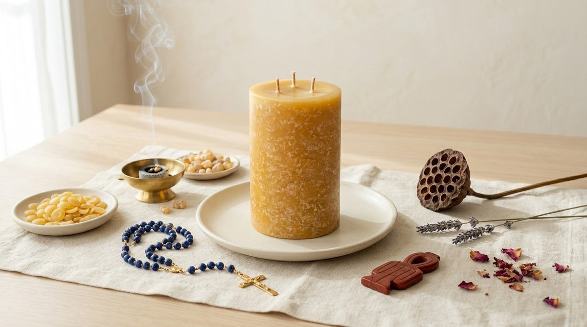 A handmade beeswax candle in natural daylight
